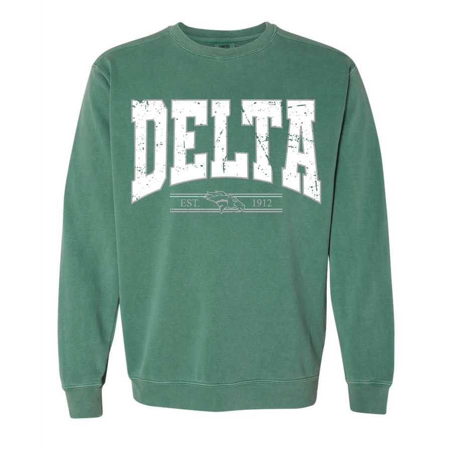 DSS Vintage Crewneck in green with the distressed Delta print