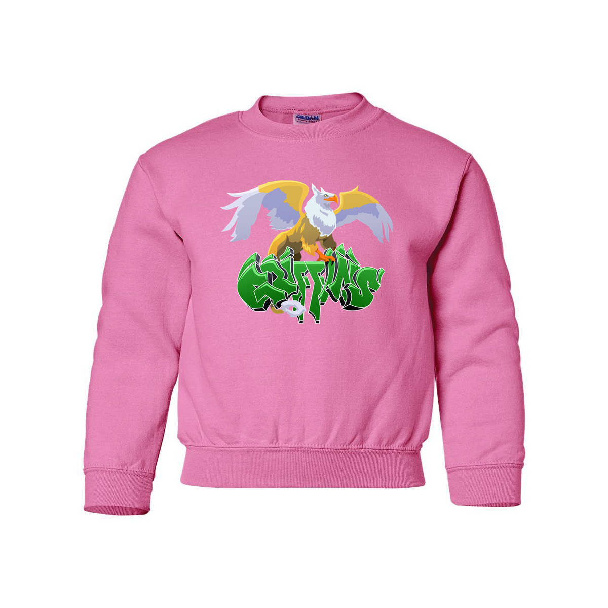 NGG Youth Crewneck Sweater in safety pink with the Griffin print