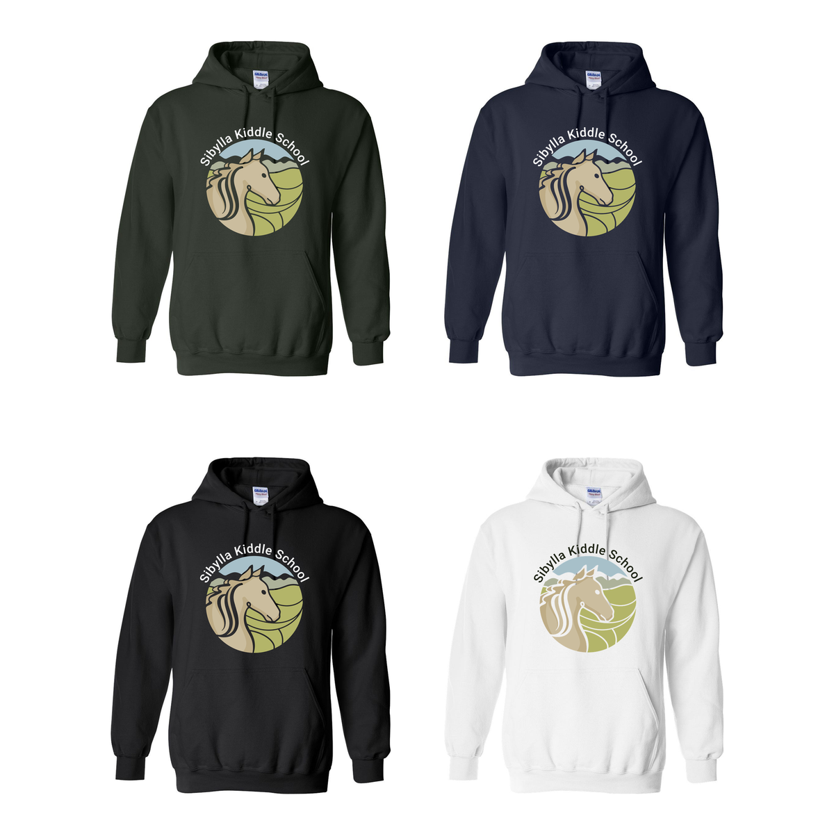 SKS Classic hoodie shown in forest green, navy, black and white