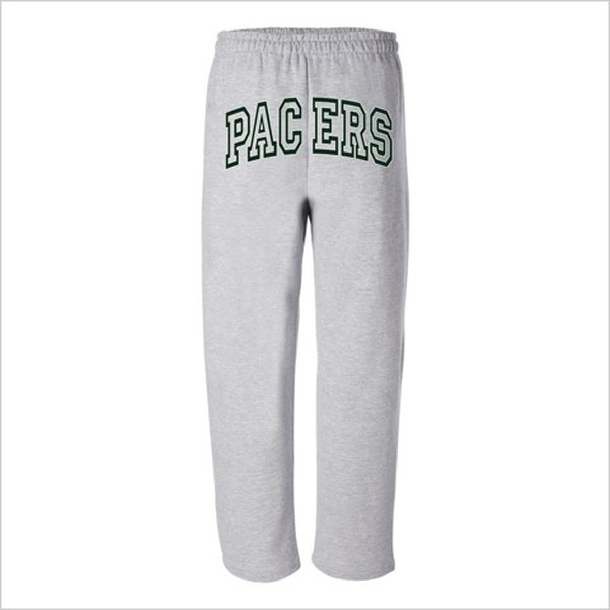 DSS Pacers open-bottom sweatpants in sports grey, back view with the arched PACERS print