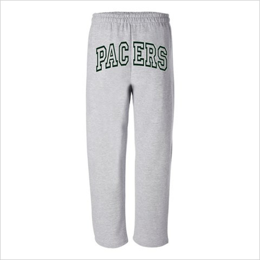 DSS Pacers open-bottom sweatpants in sports grey, back view with the arched PACERS print