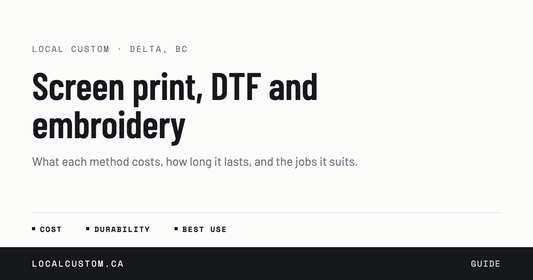Screen print, DTF and embroidery: what each method costs, how long it lasts, and the jobs it suits