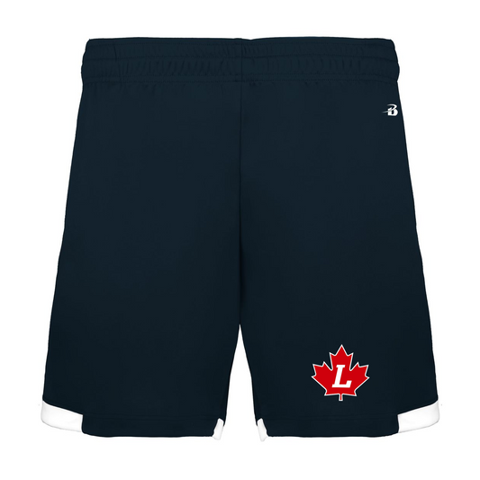 LMBA shorts in navy with the red maple leaf L crest on the left leg