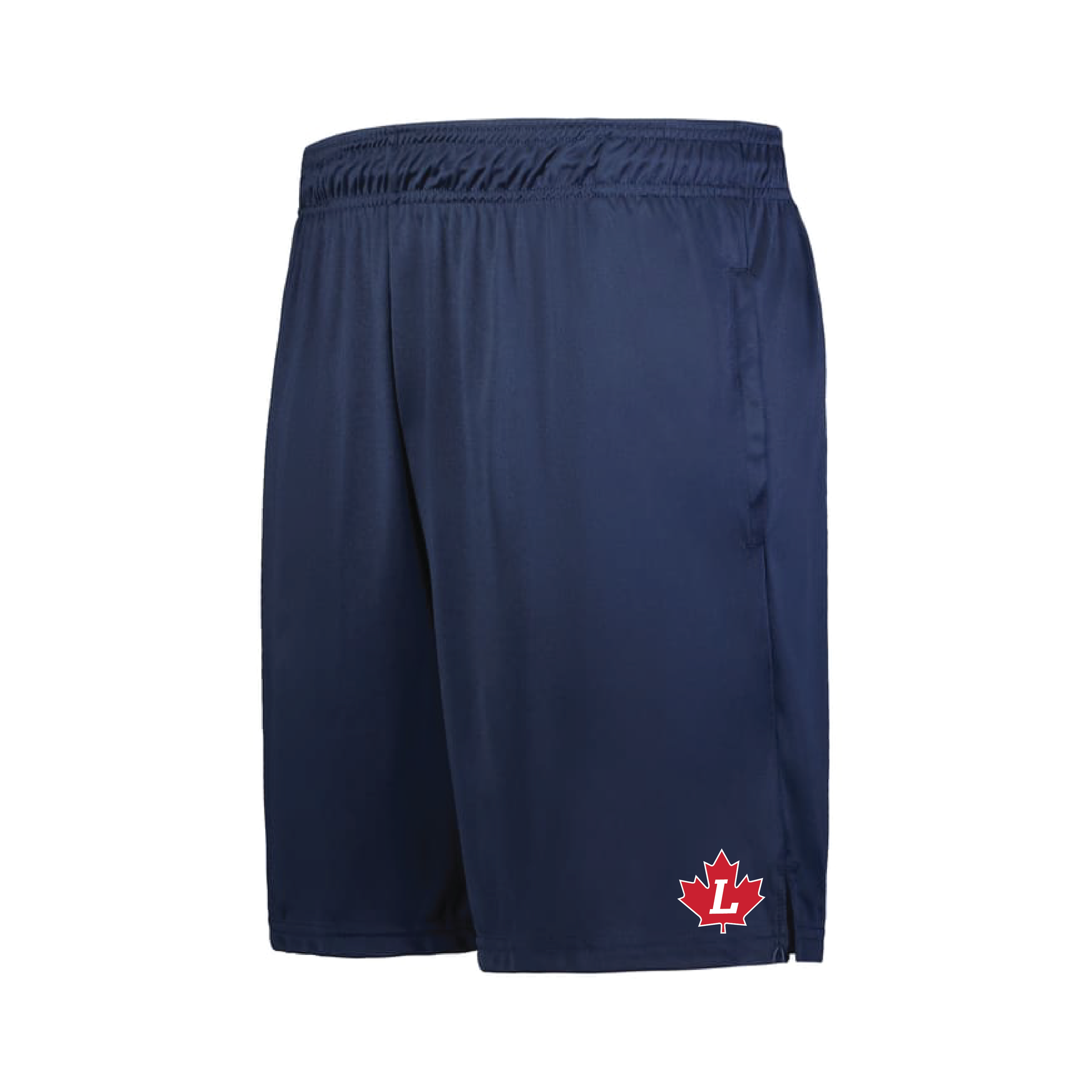 LMBA youth navy shorts with red maple leaf L logo — flat lay